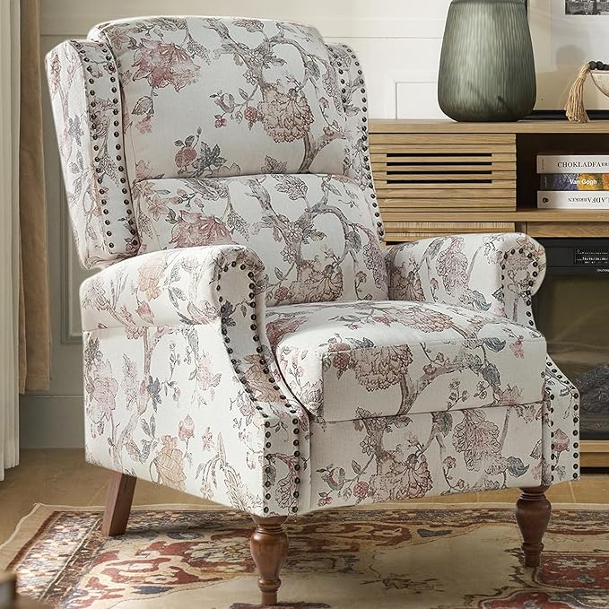 Pushback Recliner Chair Upholstered Floral Fabric Wingback Chair Single Sofa Accent Chair with Wood Legs and Rivet Decoration for Living Room Bedroom Navy Floral