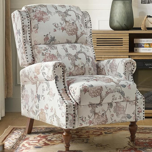Pushback Recliner Chair Upholstered Floral Fabric Wingback Chair Single Sofa Accent Chair with Wood Legs and Rivet Decoration for Living Room Bedroom Navy Floral