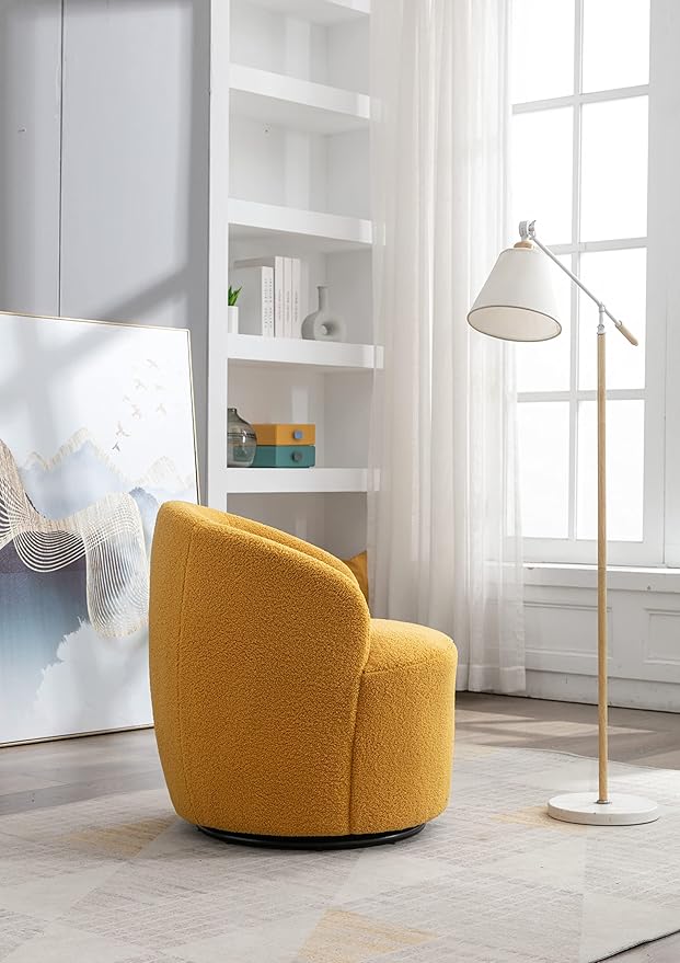 kevinplus Swivel Barrel Chair Accent Armchair for Living Room Bedroom 360 Degree Modern Round Upholstered Single Sofa Couch Chair Cozy Small Swivel Chair for Apartment Teddy Fabric Yellow