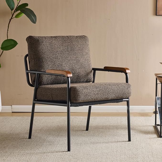 VINGLI Mid-Century Modern Accent Armchiar for Small Space Small Comfy Upholstered Leisure Reading Chair with Wood Armrest for Bedroom Living Room Waiting Room Linen Expresso