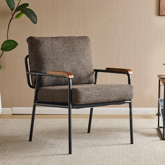 VINGLI Mid-Century Modern Accent Armchiar for Small Space Small Comfy Upholstered Leisure Reading Chair with Wood Armrest for Bedroom Living Room Waiting Room Linen Expresso
