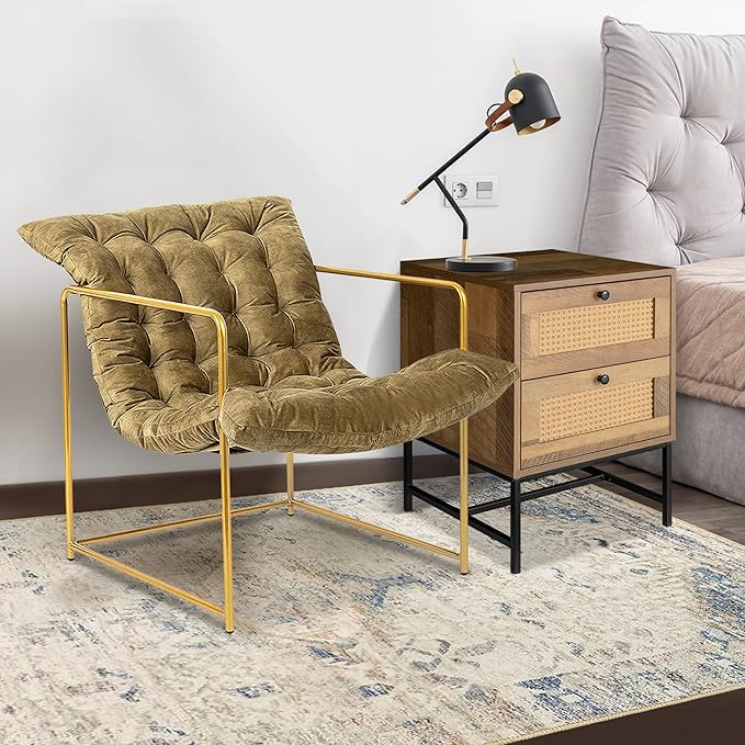 GIA Mid Century Modern Sling Accent Chair for Living Room Bedroom and Office Set of 1 Upholstered in Green Velvet Fabric with Gold Metal Base