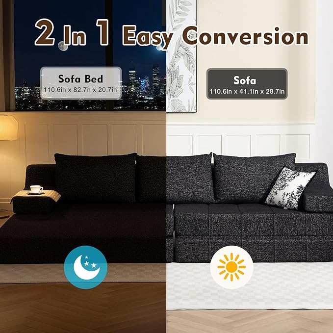 MEISSALIVVE Pull Out Sofa Bed Queen Size Sleeper Sofa Bed with Wide Armrest &amp Thick Cushion 2-in-1 Convertible Couch for Living Room No Assembly Required (Black)