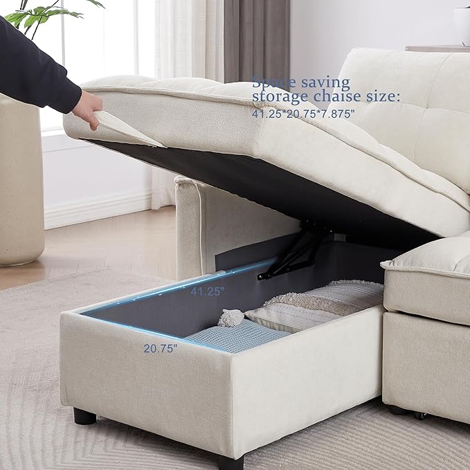 Reversible Sectional Sleeper Sofa - Pull Out Sofa Bed Couch with USB and Tape-c Charging Ports L-Shape Sleeper Sectional Couch for Living Room Office and Small Apartment (Beige)