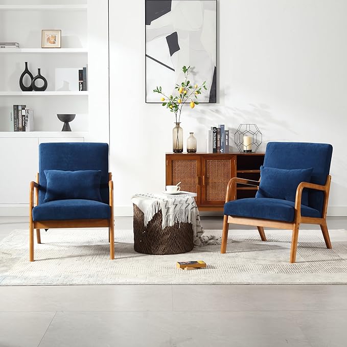 Modern Accent Chair Solid Wood Padding Lounge Armchairs with One Pillow for Living Room Bedroom Guest Room (Navy)