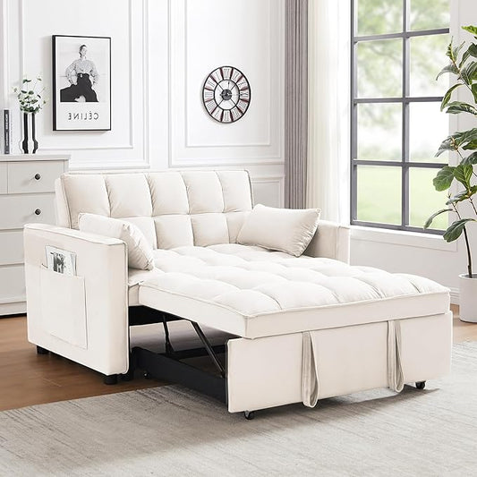 55’’ Sleeper Sofa Couch with Pullout Bed 3-in-1 Convertible Button Tufted Upholstered Futon Loveseat Sofa Bed with Side Pockets and Pillows for Small Place Living Room Bedroom Apt (Beige)
