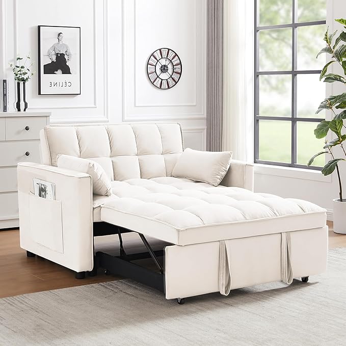 Sleeper Sofa Bed55 Inch Convertible 3-in-1 Pull Out Bed with Side Pockets Velvet Fabric Loveseat Sleeper Sofa with Adjustable Backrest for Living RoomBedroomApartment and Small Space(White)