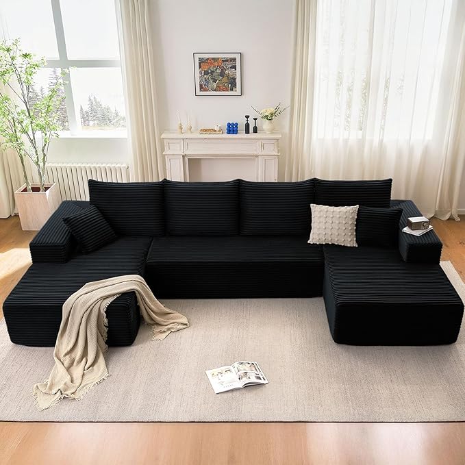 Cloud Modular Sectional Sofa for Living Room 134x69.7 Oversized U-Shaped Couch with 9 Pillows Big Comfy Couches Set Fluffy Deep-Seat Corduroy Sofa with Left &amp Right Chaise No Assembly (Black)