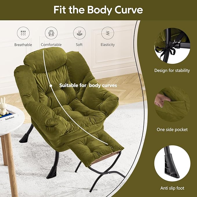 Lazy Chair with Folding Ottoman Modern Large Accent ChairContemporary Lounge Leisure Sofa Chair with Armrests Upholstered Sofa Armchair Reading Chair for BedroomDorm &amp Office(Green-f)