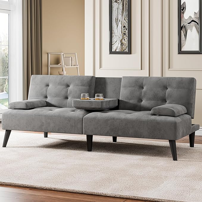 Meilocar 64 Futon Sofa Bed Convertible Loveseat with 2 Cup Holders Small Couch with 3 Adjustable Angles &amp Removable Armrest Sleeper Sofa for Apartment Office Dark Grey | small couch