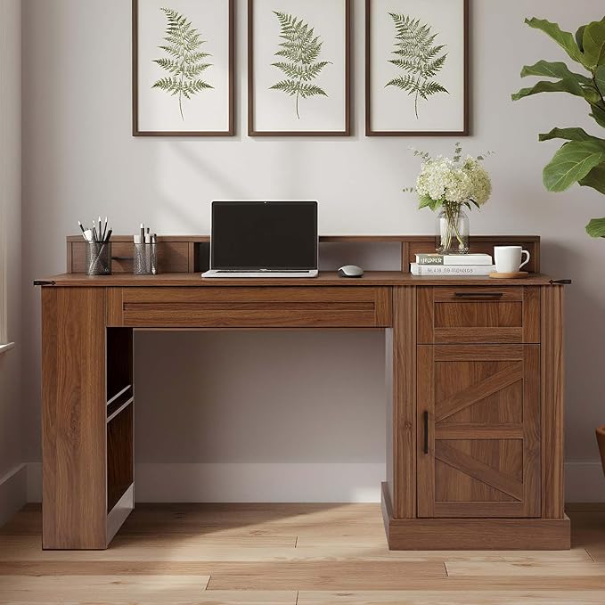 White Farmhouse Desk with Drawers &amp Charging Station Wood Executive Desk with Storage Cabinet &amp Keyboard Tray Computer Desks with Monitor Stand &amp Pegboard for Home Office (Brown)