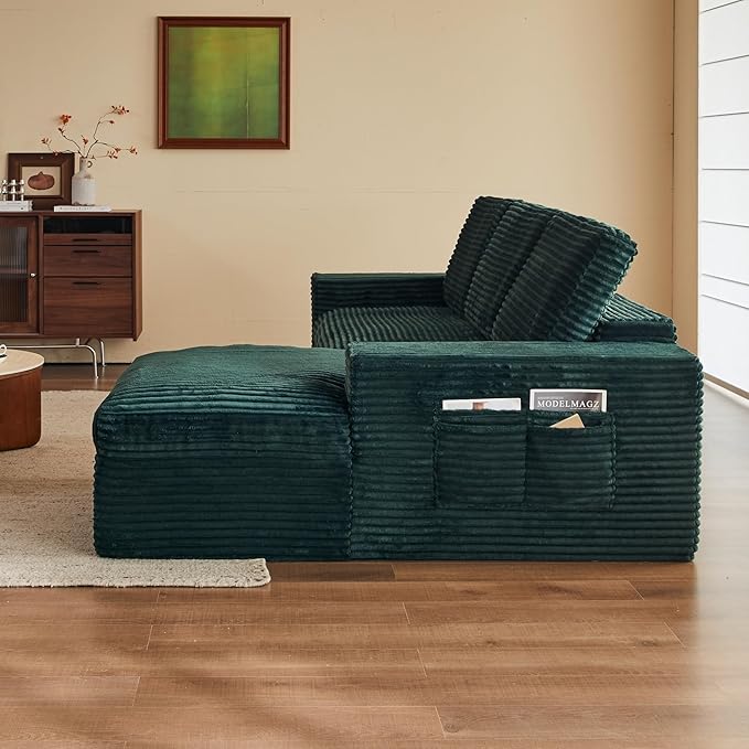 115 Modular Sectional Couch with Chaise Cloud Couch Deep Seat Fluffy Corduroy Sofa Memory Foam Boneless Couches for Living Room Bedroom No Assembly Required (Green 115 Right Chaise)