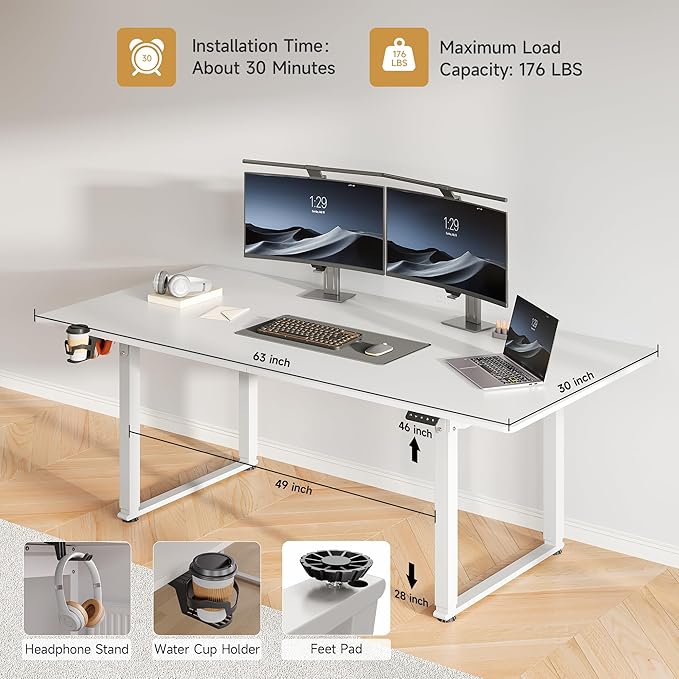 63x30 Inch Adjustable Standing Desk with 4 Legs Stand up Desk Features a Spacious Rectangular Top Dual-Motor Lift and Memory Presets (28-46Inch) for Home Offices or Computer Workstations White