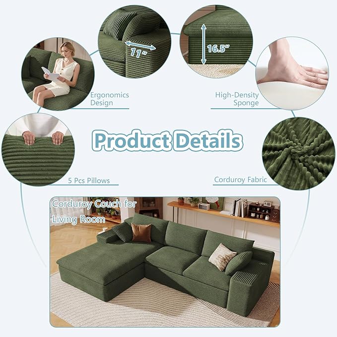 107 Cloud Sectional Couch with L-Shape Chaise Modern Corduroy Viral Boneless Sofa for Living RoomMemory Foam Couches in a Box with Deep SeatNo Assembly Required (GreenLeft-Facing Chaise)