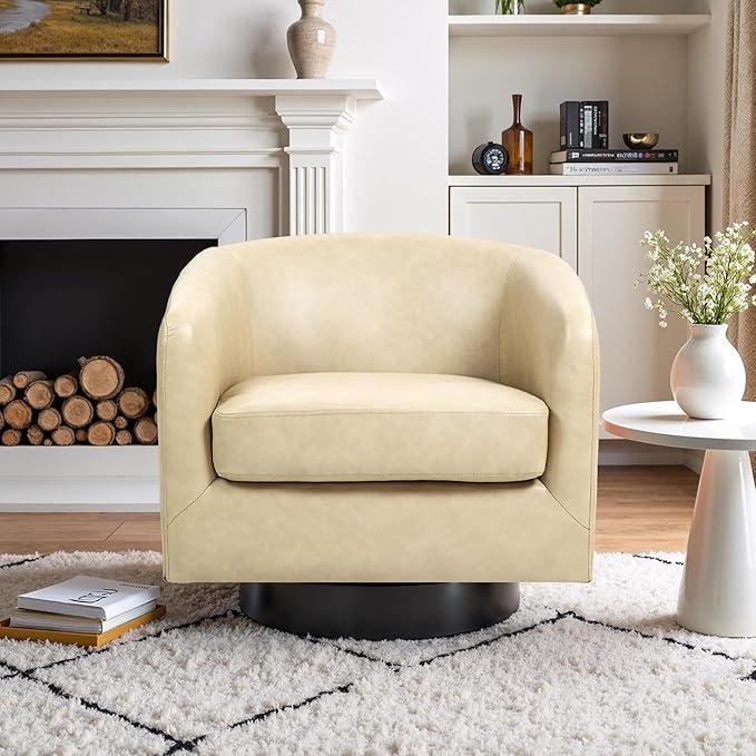 Lumibee Swivel Accent Chair Faux Leather Swivel Barrel Chair for Living Room Modern Comfy Upholstered Round Armchair Single Sofa Chair for Bedroom Club-Cream