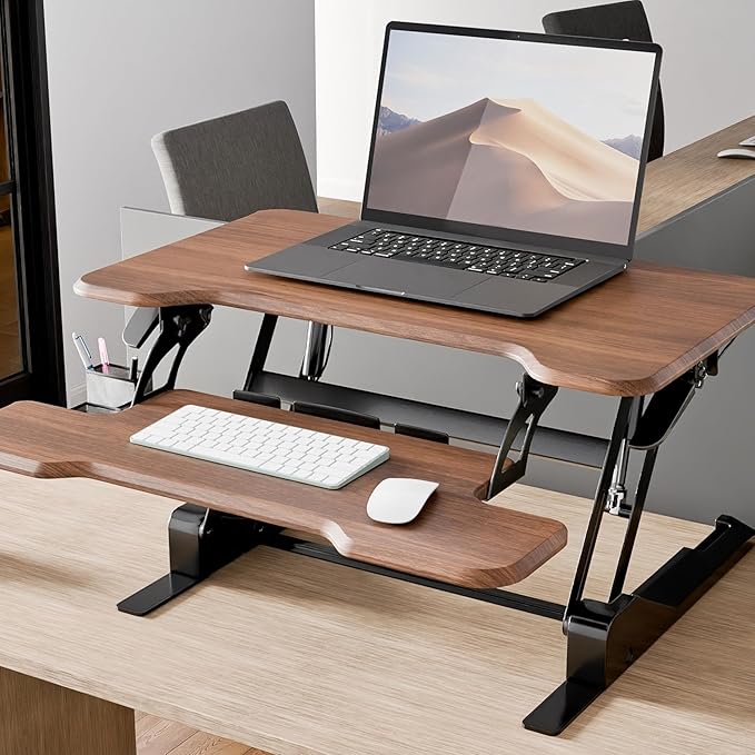 Mount-It! Height Adjustable Standing Desk Converter Compact 30” Wide Tabletop Standing Desk Riser with Gas Spring Desktop Stand Up Workstation with Keyboard Tray Fits Monitor or Laptop Dark Walnut