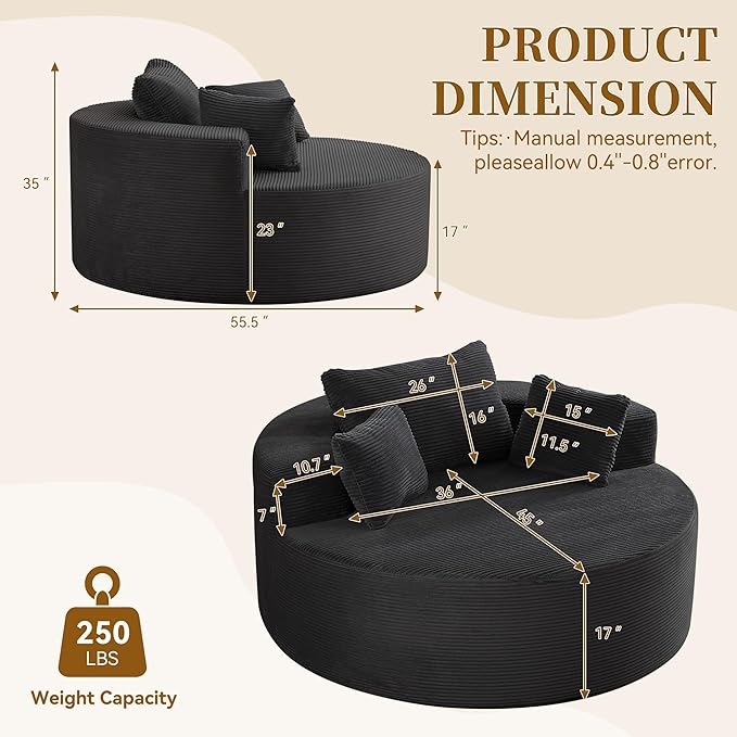 55''Oversized Round Boneless Chaise Lounge ChairCorduroy Modern Floor Sofa Deep Seat Compressed Circle Comfy Barrel Chair No Assembly Sleeper Cloud Sofa Couch Bed for Living Room BedroomBlack