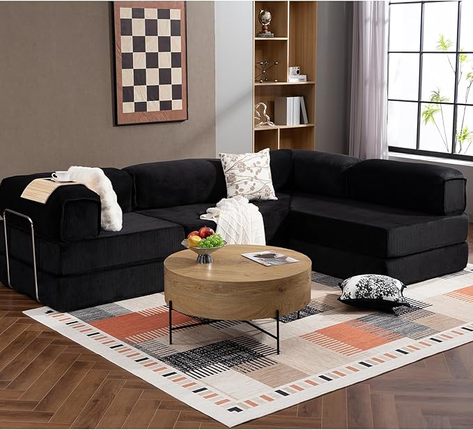 108 L Shaped Couch Modular Sectional Sofa with Chaise Cloud Boneless Couch with Deep Seat &amp Removable Pillow for Living Room BedroomNo Assembly Required（Black）