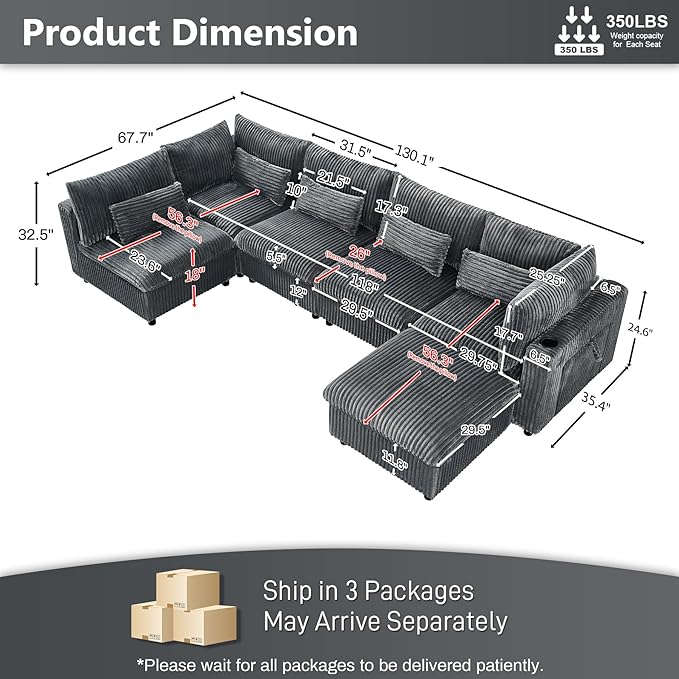 130 Oversized Cloud Couch Large Modular Sectional Sofa Modern U Shaped Sectional Couch 6 Deep Seat Sofa Set for Living Room Comfy Corduroy Cloud Sofa with Ottoman USB Port Cup Holder Dark Grey