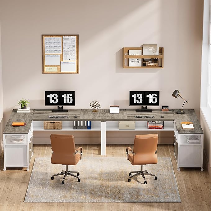 Tribesigns L-Shaped Desk with Drawers 63 Executive Office Desk with Mobile File Cabinet and Storage Shelves Home Office Business Furniture Set (Gray White)