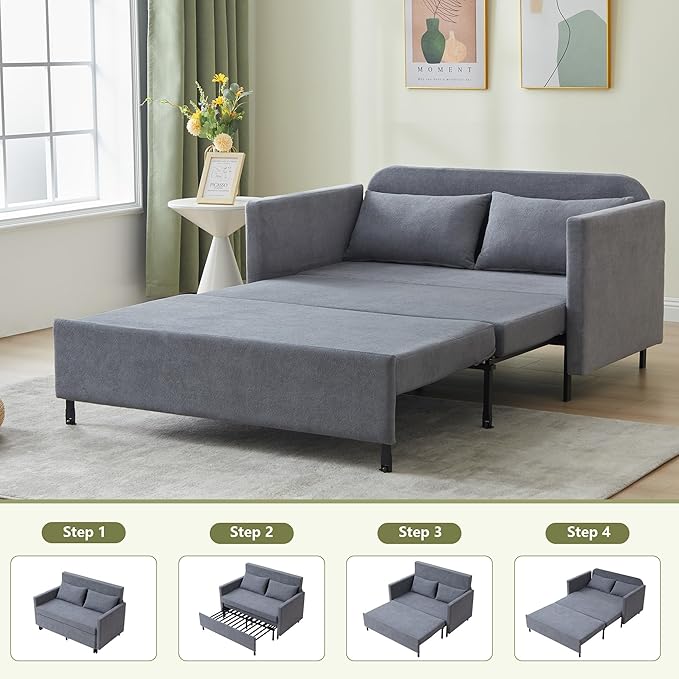 3-in-1 Sleeper Sofa Bed 51'' Convertible Folding Couch with Pullout Bed Chenille Futon Sleeper Sofa with Side Table and 2 Pillows Modern Loveseat Couch for Living Room Bedroom Home Office (Grey)