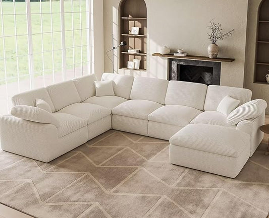 Cloud Sectional Couches for Living Room 7 Seater Cloud Modular Couch L Shaped Corduroy Sectional Sofas with Ottoman Boneless Comfy Sofa for Apartment No-Assembly Cream