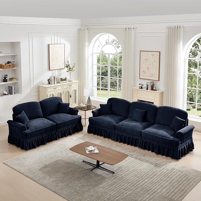 2 Piece Modular Sectional Couch Living Room Sofa Set 3 Seater+2 Seater Loveseat Sofa Sets for ApartmentRemovable Ruffles Pleats SkirtsBlue