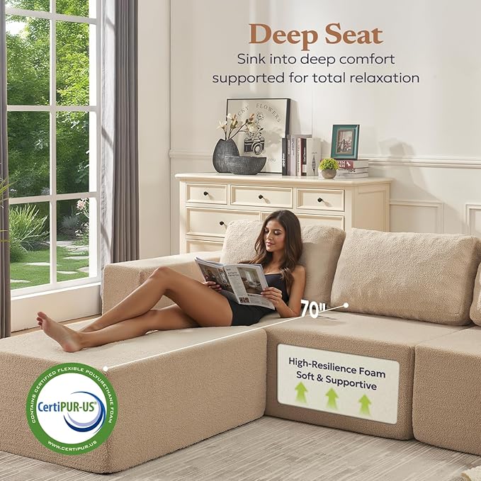 136 Modular Sectional Couch Left/Right Facing Convertible L-Shape Modern Teddy Sofa Deep Seat Upholstered Foam Couch for Living Room Bedroom No Assembly Required (Camel Teddy Boucle)