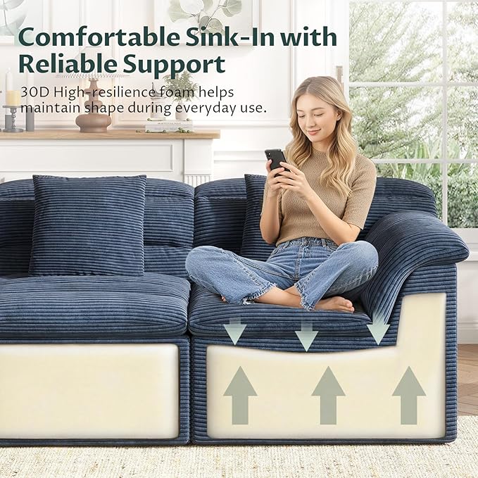 112 Boneless Sectional Couches for Living Room Modular Cloud Sectional Sofa with Ottoman Deep Seat Compressed Couch Bed Modern Upholstered L-Shape Corduroy Sofa No Assembly Required Blue