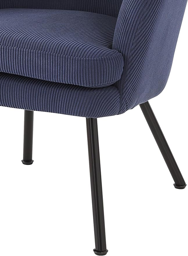 Modern Corduroy Accent Chair with Channel Back Design Black Metal Legs and Soft Upholstery Comfortable Seating for Living Room Bedroom or Office Blue