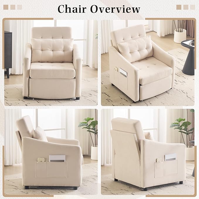 Bezseller Convertible Sofa Bed Chair 3-in-1 Sleeper Chair with Storage Drawer Pull Out Couch with Side Pocket Pillow and Adjustable Backrest for Small Spaces Living Room Beige