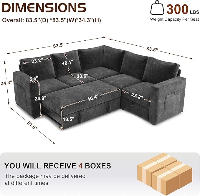 83.5 Sectional Sleeper Sofa with Pull Out Couch Modern 5 Seat L Shaped Modular Couch Sectionals Modular Sofa with Storage Comfy Sectional Couches for Living Room &amp Apartment Dark Gray