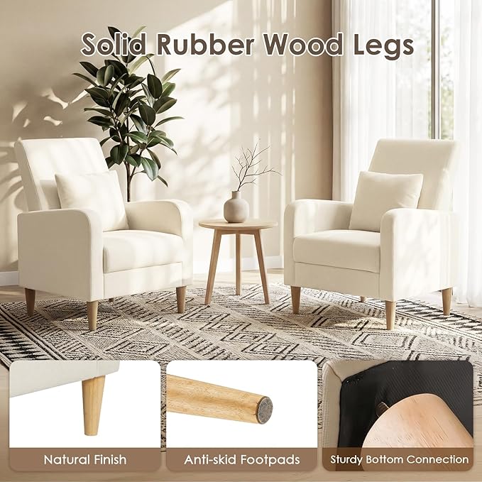 COLAMY Mid-Century Modern Upholstered Accent Chair with Back Pillow &amp Solid Wood Legs Fabric Cozy Armchair for Living Room Bedroom Reading Nook Apartment &amp Small Spaces Beige