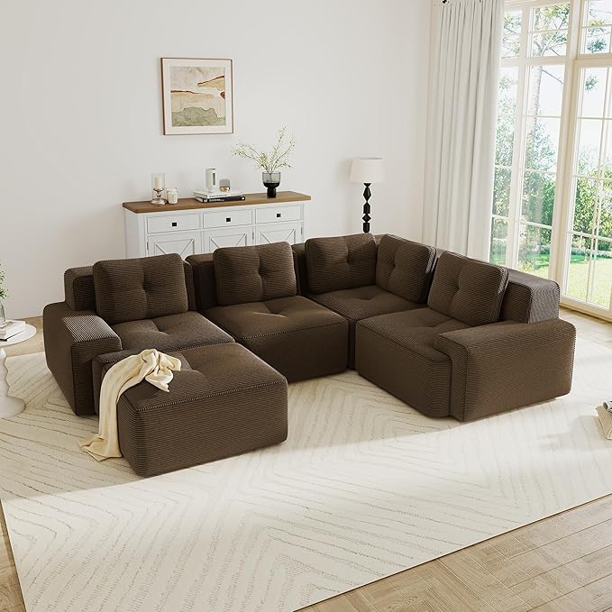 Oversized Modular Sectional Sofa Modern V Shaped Corner Boneless Couch with Ottoman Comfy 5 Seater Cloud Sleeper Sofa with Deep Seat Customizable Layout Couches for Living Room Apartment Brown
