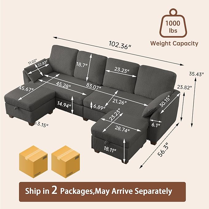 4-Seater U Shaped Sofa with 2 Storage Ottomans Comfortable Corduroy Fabric Convertible Sectional Couch with 2 Pillows Modern Couches for Living Room (Dark Grey)