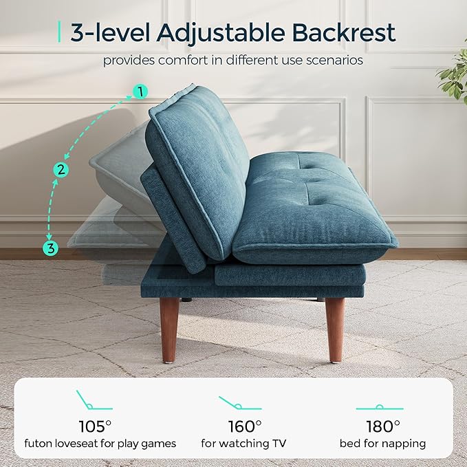 LINSY HOME Futon Sofa Bed 70 Futon Couch with Adjustable Backrest and Armrest Comfy Loveseat Convertible Folding Sleeper Sofa Couches for Small Spaces Living Rooms Apartment Office