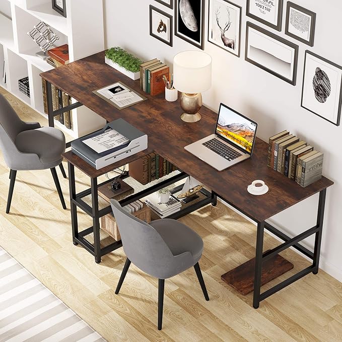 Tribesigns 90.5 inch Computer Desk Extra Long Two Person Desk with Storage Shelves Double Workstation Office Desk Study Writing Desk for Home Office (Brown 90.5x21.7 in)