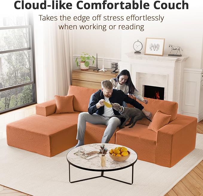 108 L-Shaped Boneless Couch High Seat Modular Sectional Sofa with Moveable Ottoman Corduroy Cloud Couches for Living Room No Assembly Ship in a Box Orange