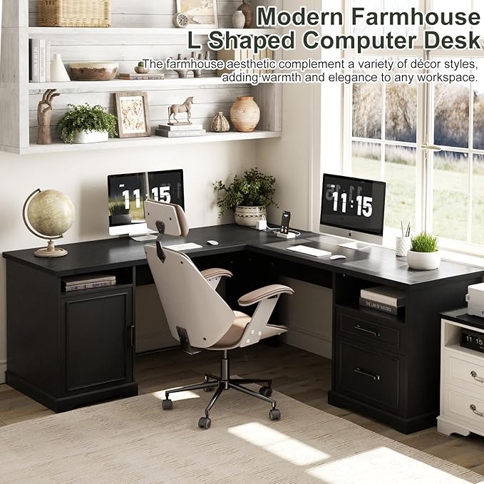 Unikito Farmhouse L Shaped Executive Desk with File Drawers 60 Corner Computer Desk with Power Outlets Large 2 Person Home Office Table with Storage Cabinet Sturdy Writing Desk Black