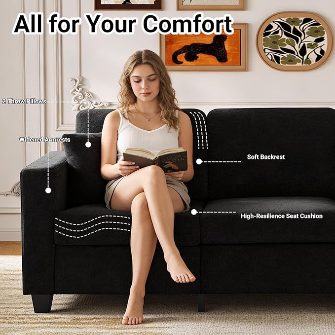 86.6 Inch Modern 3 Seater Sofa Couch for Living Room Sofa with Extra Deep Seats Armrests Soft Boucle Upholstery Couch for Living Room Bedroom Office Apartment Black