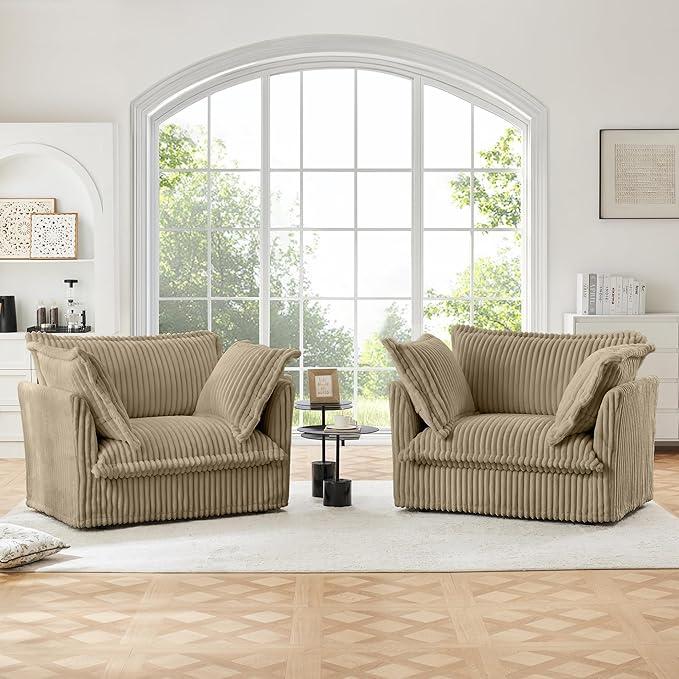 Modern Single Sofa Chair Set of 2 49 Slipcovered Armchairs Oversized Upholstered Accent Chairs Comfy Cloud Deep Seat Sofa with 2 Throw Pillows for Living Room Apartment Corduroy Camel