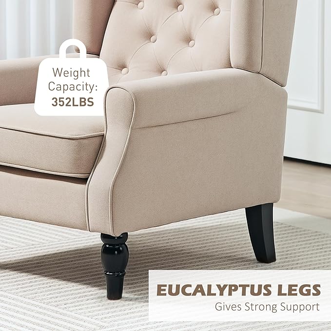 HOMCOM Mid-Century Modern Accent Chair High Wingback Reading Chair Button-Tufted Upholstered Fabric Armchair with Retro Wood Legs for Apartment Living Room Bedroom Beige