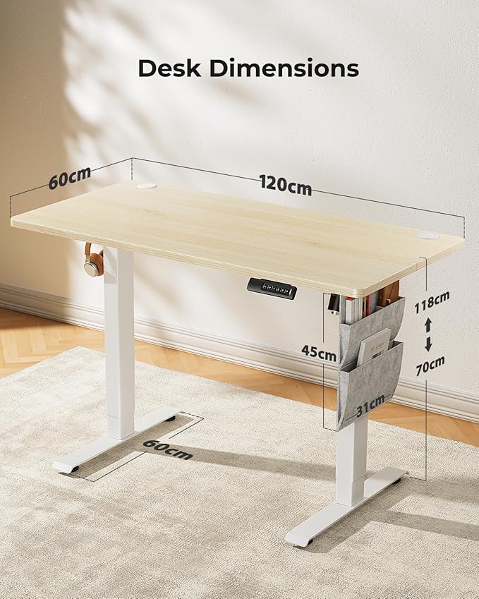Marsail Height Adjustable Desk Electric Height Adjustable Desk with Storage Bag Standing Desk for Home Office Computer Desk Memory Preset with Headphone Hook 60 x 120 cm