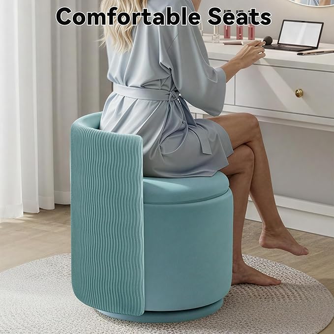 360° Swivel Velvet Vanity Chair with Storage Barrel Makeup Chair with Wave Back No Assembly Vanity Stool Small Accent Chair for Living Room Teal