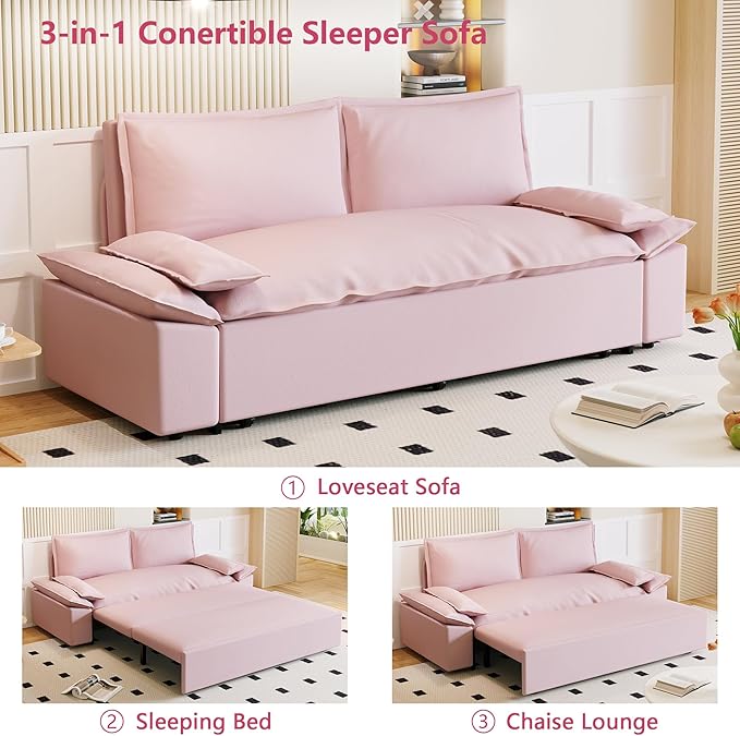 GNIXUU 73.2 Queen Pull Out Sofa Bed Velvet Convertible Sleeper Sofa Couch with 2 Soft Pillows Comfy Loveseat Bed Pull Out Couch for Living Room Apartment Small Space(Pink)