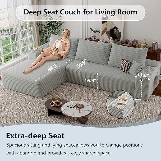 107.5 Cloud Sectional Couch with L-Shape Chaise Corduroy Boneless Couch for Living Room Modern Memory Foam Sofa with Deep SeatNo Assembly Required(GrayLeft Facing Chaise)