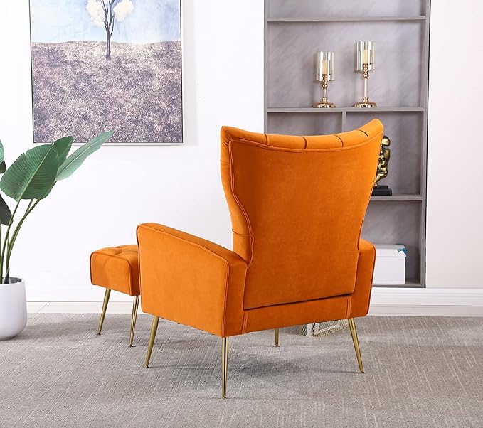 Velvet Accent Chair with Ottoman Comfy Tufted Armchair with Gold Metal Legs Modern Upholstered Wingback Chair with Footrest Set for Living Room Bedroom Lounge Office Orange