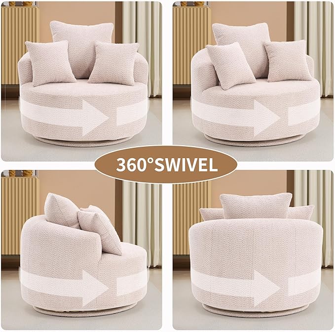 40” Beige Round Swivel Chair with 3 Pillows &amp Thick Cushion Oversized 360° Swivel Accent Chair Modern Boucle Armchair for Nursery Living Room Bedroom Club