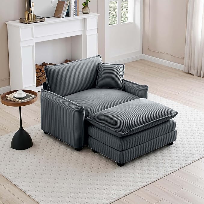 Oversized Deep Seat Single Sofa Chair 46 in Stylish Accent Couch Chair with Ottoman Footrest &amp One Throw Pillow Modern Upholstered Corduroy Fabric Comfy Armchair for Living Room Bedroom Grey