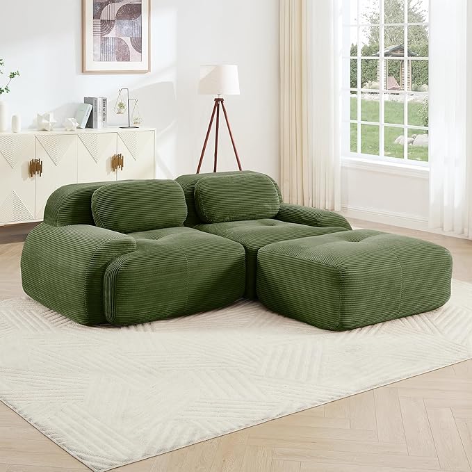81.8 L-Shaped Cloud Couch Modular Sectional Sofa - Boneless Deep Seat 2-Seater with Movable Ottoman No Assembly Corduroy Upholstery Couches for Living Room (Green)